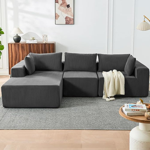 109" Cloud Sectional Couch, Boneless Couches for Living Room, Modular Sectional Sofa with Deep Seat, L-Shape Couch with Chaise, Comfy Corduroy Fluffy Modern Modular Sofa, No Assembly Required,DarkGrey