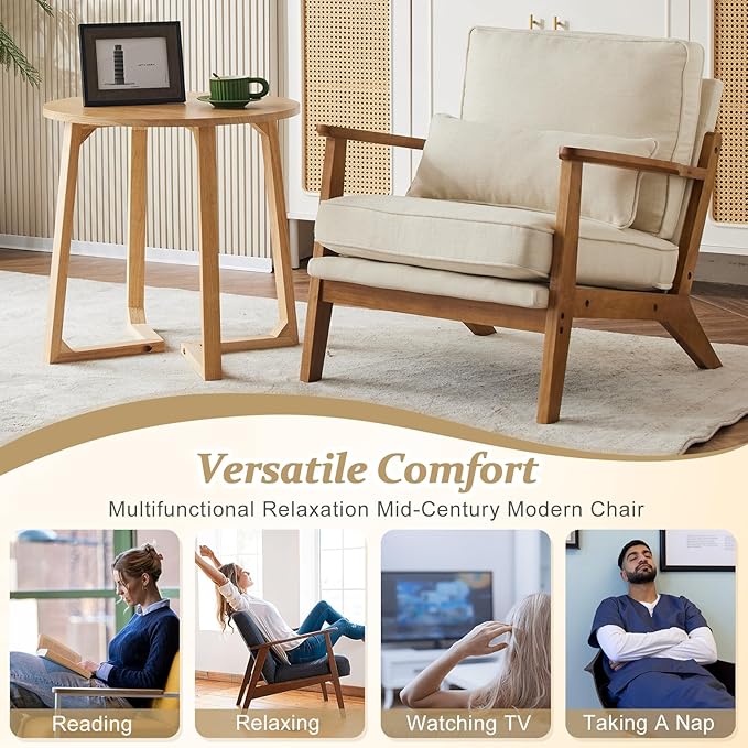 VINGLI Solid Wood Wide Armrests Accent Chair,Upholstered Mid Century Modern Chair with Pillow,Comfy Reading Chair Farmhouse Arm Chair,Chairs Living Room,Bedroom,Guest Room,Linen Fabric,Beige