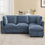 3-Seater Modular Sectional Cloud Sofa with Ottoman, L-Shaped Couch for Living Room, Modern Convertible Deep Seats Sofa, Chenille Blue