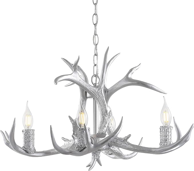 JONATHAN Y JYL6301C Eldora 26" Adjustable Resin Antler 4-Light LED Chandelier, Glam, Rustic,Cottage,Transitional, Dimmable Dining Room, Living Room, Kitchen, Foyer, Bedroom, Silver