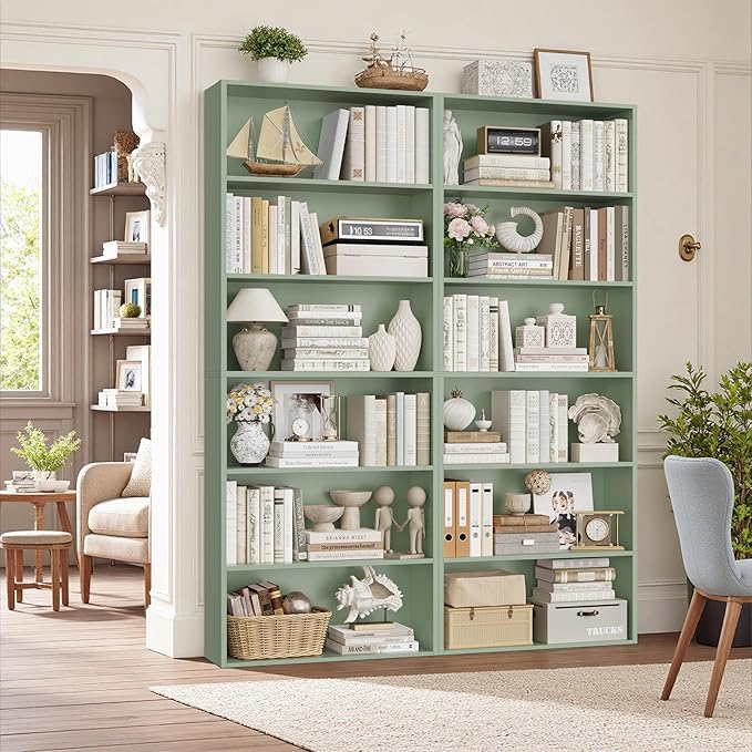 FOTOSOK 70.8" Tall Bookcase Shelf, 6 Tier Wide Bookshelf with Storage, Billy Bookcase Set of 2, Large Bookshelf for Living Room, Home Office,Green