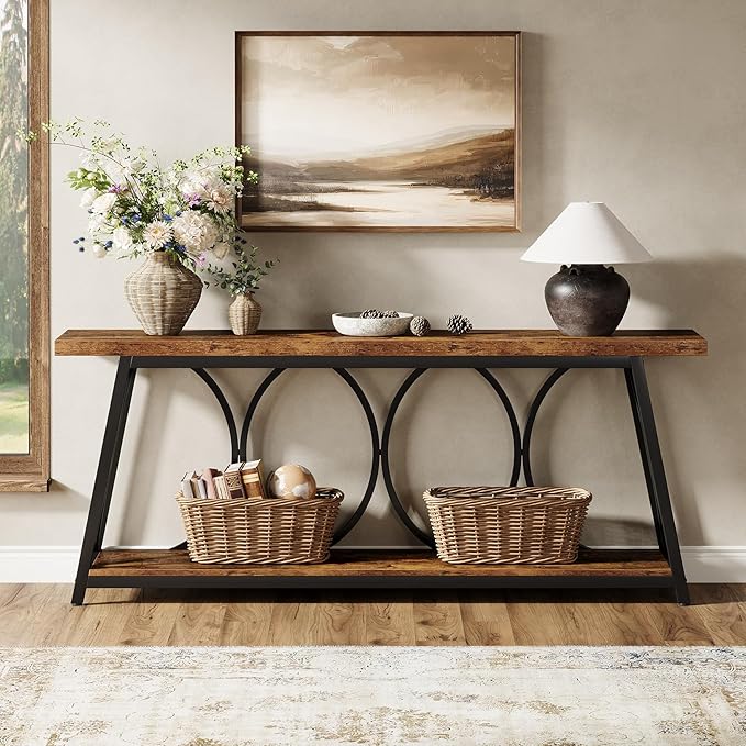 Tribesigns 2 Tiers Narrow Entryway Console Table, 71-Inch Long Industrial Wooden Sofa Table Behing The Couch with Storage Shelf and Metal Frame for Lving Room, Entrane, Hallway, Brown & Black