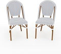 Martha Stewart Lily Pond Indoor-Outdoor Stackable Bistro Chairs with Natural Woodgrain Aluminum Frame Finish, White/Navy Woven Rattan Backrests/Seats, Set of 2
