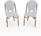 Martha Stewart Lily Pond Indoor-Outdoor Stackable Bistro Chairs with Natural Woodgrain Aluminum Frame Finish, White/Navy Woven Rattan Backrests/Seats, Set of 2