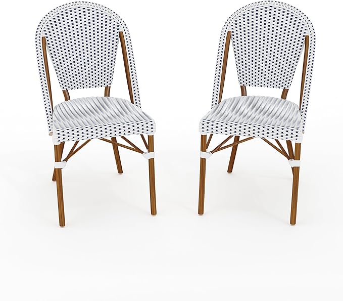 Martha Stewart Lily Pond Indoor-Outdoor Stackable Bistro Chairs with Natural Woodgrain Aluminum Frame Finish, White/Navy Woven Rattan Backrests/Seats, Set of 2