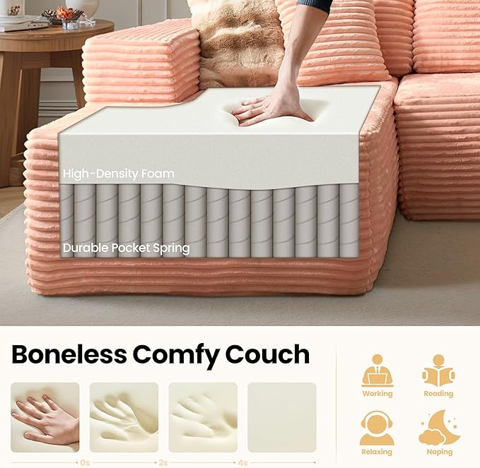 104" Cloud Sectional Couch with Chaise, Boneless L-Shaped Cloud Couch with Deep Seat, Soft Plush Modern Minimalist Sofa, Assembly Free Comfy Sofa for Office Living Room Apartment(Pink, Left Chaise)