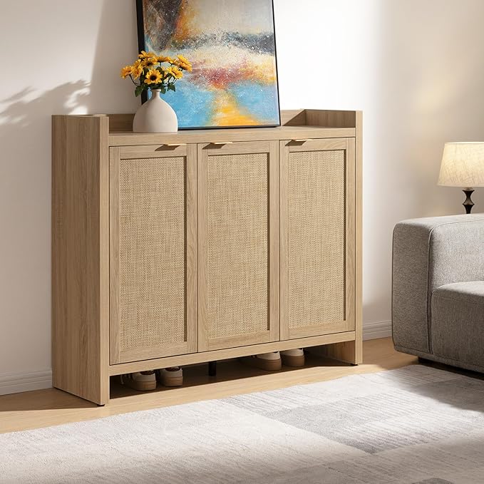 SICOTAS Shoe Storage Cabinet Set of 2, Large Tall Shoe Cabinet, Rattan Shoe Cabinet Storage for Entryway, Farmhouse Cabinet with Doors and Adjustable Shelves for Entryway Hallway, Light Oak