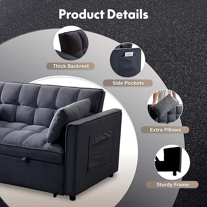 FLEXISPOT XCT4 3-in-1 Convertible Loveseat Sofa Bed for Small Spaces, Velvet Pull Out Couch with Adjustable Backrest, Compact Twin Sleeper Chaise Lounge Futon for Apartment Dorm RV Guest Room, Black