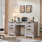 RedLemon 60" Farmhouse Executive Desk with Drawers, Wood Home Office Desk w/Charging Station, Keyboard Tray, File Drawer, Storage Cabinet, Rustic Computer Writing Desk (Light Rustic Oak)