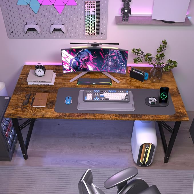 StarGraph Home Office Desks 55 Inch Large Office Desk with Sturdy Metal Frame Modern Computer Desk Gaming Study Writing Work from Home Desks, Rustic Brown