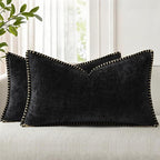 decorUhome Chenille Soft Throw Pillow Covers 12x20 Set of 2, Lumbar Velvet Farmhouse Neutral Decorative Euro Pillow Covers with Stitched Edge for Couch Sofa Bed Home Decor, Black