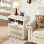 LEYAOYAO Rattan Nightstands Set of 2 with Charger Station, 23" Wide Boho Night Stand with 2 Drawers, Grey White Bedside Table Open Shlef, Bed Side End Table Dresser for Bedroom, Living Room Hallway