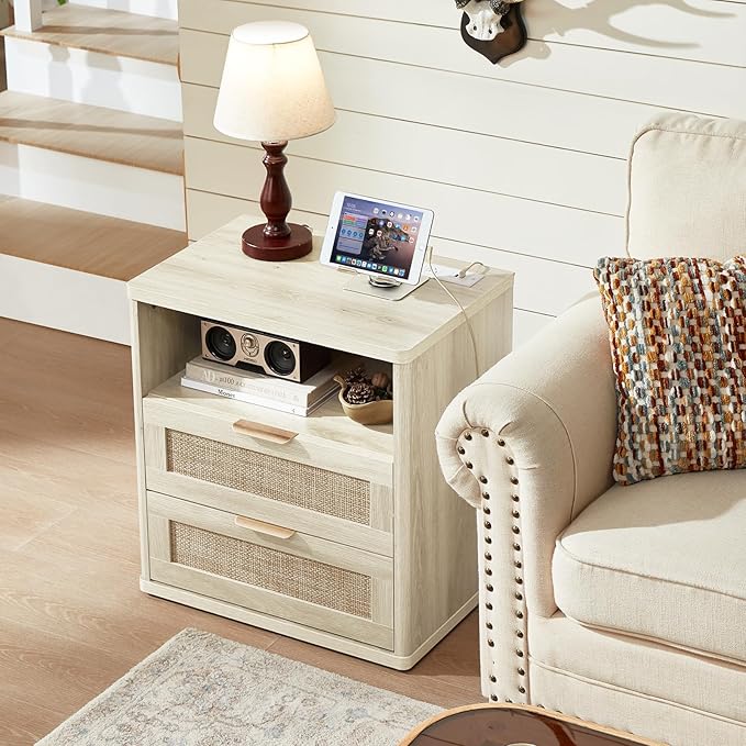 LEYAOYAO Rattan Nightstands Set of 2 with Charger Station, 23" Wide Boho Night Stand with 2 Drawers, Grey White Bedside Table Open Shlef, Bed Side End Table Dresser for Bedroom, Living Room Hallway