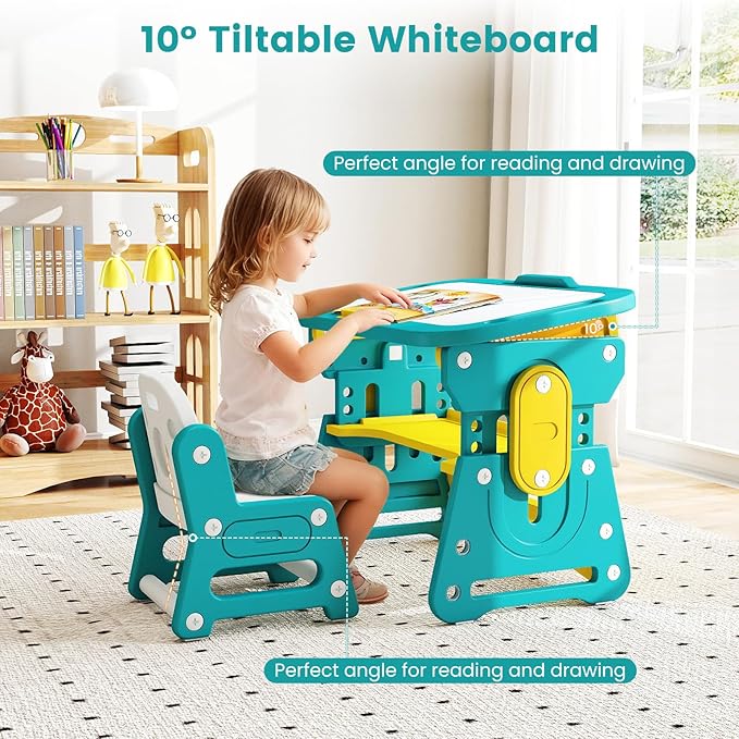 INFANS Kids Adjustable Table & Chair Set with Drawing Board for 3+, Toddler Activity Desk for Drawing with Storage Shelf, Non-Slip Pads, Watercolor Pens & Eraser, Indoor Art/Study Furniture (Green)