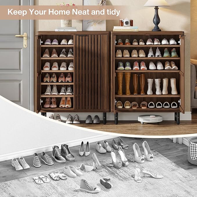 Tribesigns Shoe Cabinet with Shutter Doors, 6-Tier Entryway Shoe Cabinet with Adjustable Shelves, Wooden Modern Rack Organizer for Entryway, Hallway, Closet, Living Room, Dark Walnut