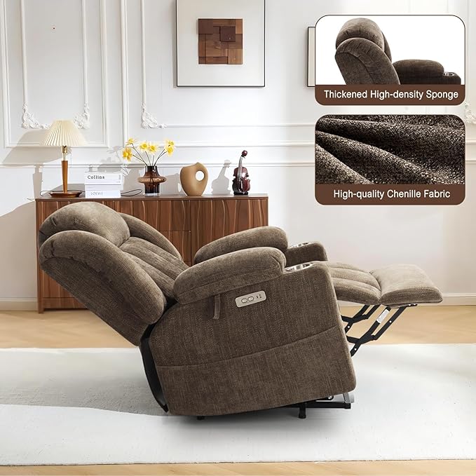 Large Power Lift Recliner Chair with Massage and Heat, Durable Heavy Duty Steel Mechanism Chenille Fabric High-Density Sponge, USB & Type-C Port Standing Assistance Brown Reclining Chair