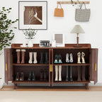 4 Doors Storage Cabinet, 2 Tier Wooden Storage Organizer Cabinet with Adjustable Shelf, Sideboard Buffet Cabinets with Iron Curved Doors Accent Shoe Rack for Entryway Hallway Living Room (Walnut)