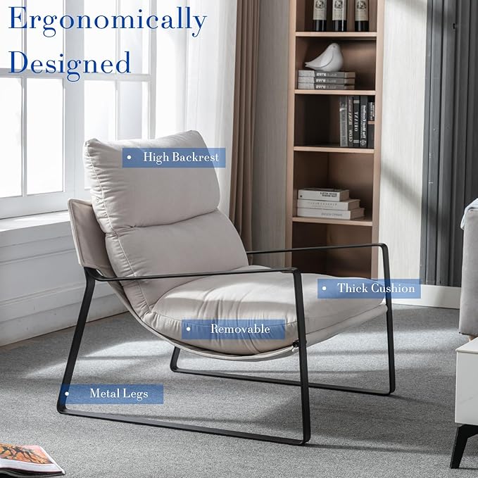 HEAH-YO Modern Accent Chair Set of 1, Comfy Living Room Chair with Removable Cushion and Solid Metal Frame, Chenille Fabric Reading Side Chair for Bedroom, White