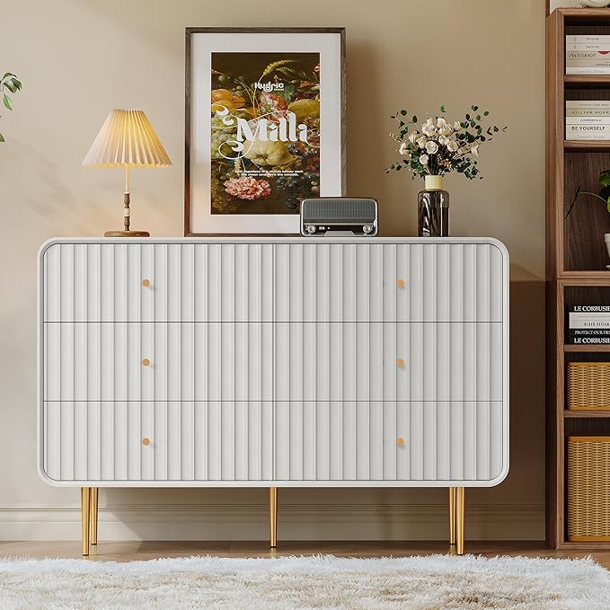 HLR White Dresser for Bedroom,48'' Wide Wood Chests of Drawers,Modern Fluted 6 Drawer Dresser with Gold Metal Handles,Clothes Deep Drawer Dressers Storage for Living Room,Hallway