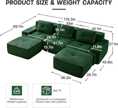 115.3” Green Boneless Couches for Living Room, Modular Sectional Sofa with U-Shape Chaise, 3 Seater Comfy Upholstered Deep Seat Corduroy Fabric Cloud Couch No Assembly, Anti-Slip Design