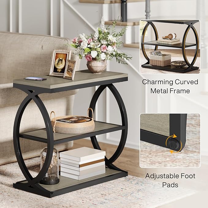 Tribesigns End Table, Narrow 3-Tier End Table for Living Room, Industrial Wooden Side Table with Metal Frame, Small Bedside Nightstand for Bedroom, Small Spaces, Grey