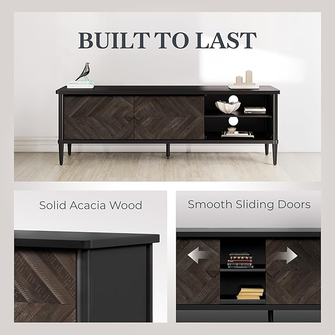 Lenia 65 Inch Solid Acacia Wood TV Stand, Modern Farmhouse Mid Century Media TV Console, Entertainment Center with Storage & Cabinets for Living Room, Mocha Black Finish