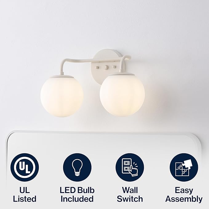 JONATHAN Y JYL3535C Louis Parisian Globe 15" 2-Light Metal/Frosted Glass Modern Contemporary LED Vanity Light Midcentury, Glam, Transitional, Bathroom, Powder Room, Dressing Room, Bedroom, Almond