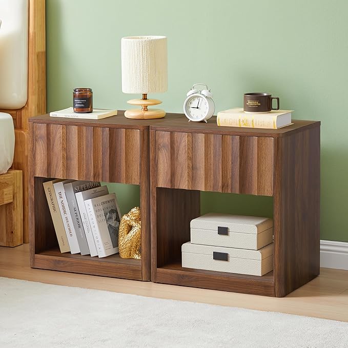 Fluted Dresser, Small Nightstands Set of 2, Natural Bedside Table with Drawer and Storage, Mid Century Modern Side Table for Bedroom Living Room Sofa