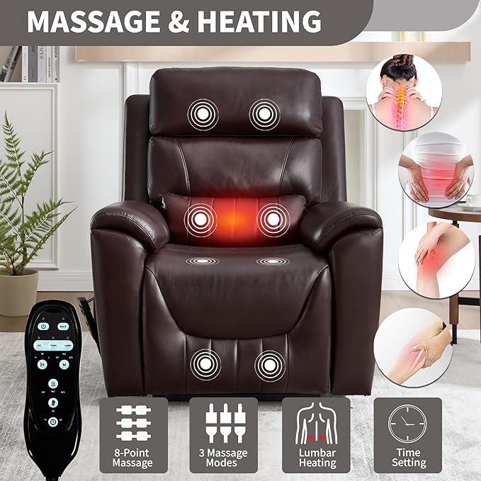 Power Lift Recliner Chair for Elderly People, Dual Motor Lay Flat Recliner with Vibration Massage and Heat, Heavy Duty Motion Mechanism Standing Assistance Reclining Chair, Faux Leather Red Brown