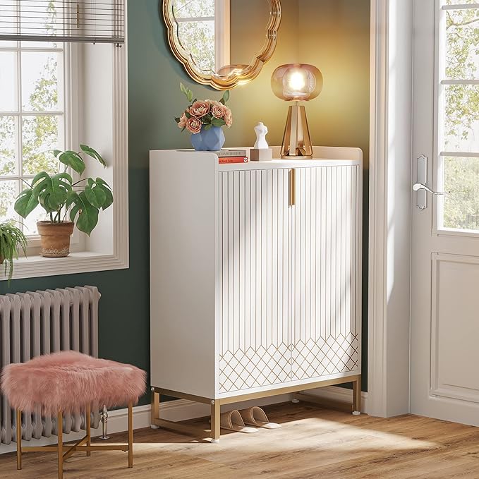 Tribesigns Shoe Cabinet with Doors, 5 Tiers Shoe Storage Cabinet for Entryway, 25 Pairs Wooden Shoe Cabinets, Modern Shoe Organizer Storage for Living Room, Bedroom, Hallway, Closet, White