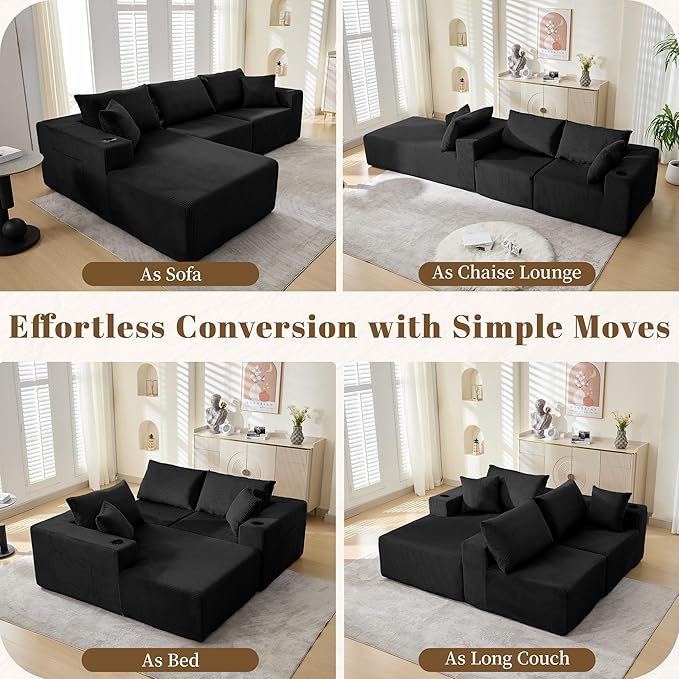 107" Cloud Sectional Couch, Modular Sectional Sofa with L-Shape Chaise, Corduroy Boneless Couch with Deep Seat, Upholstered Sofa for Living Room, No Assembly Required(Left-Facing Chaise, Black)