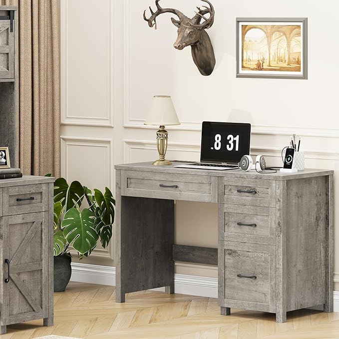 Vabches Farmhouse 47" Executive Desk, Computer Desk with File Drawer and Charging Station, Workstation for Home Office, Study.Grey.