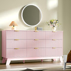 Fluted Dresser for Bedroom with 9 Drawers, 57" Pink Dressers & Chest of Drawers for Girls, Mid Century Modern Dresser of Closet TV Stand, Boho Wood Chests of Drawer for Living Room, Hallway, Pink