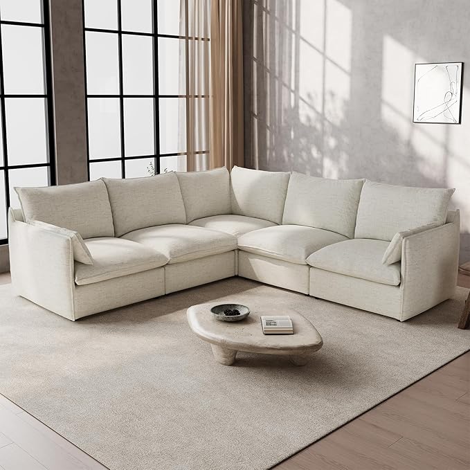 Waterproof Cloud Sectional Sofa for Living Room,High Backrest Down Filled Couch,5 Seater Oversized Modular V-Shaped Couches,Detachable Couch Covers,Cream White