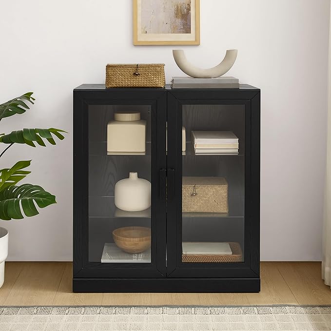 Crosley Furniture Essen Stackable Glass Door Kitchen Pantry Storage Cabinet, Accent Cabinets for Entryway, Black
