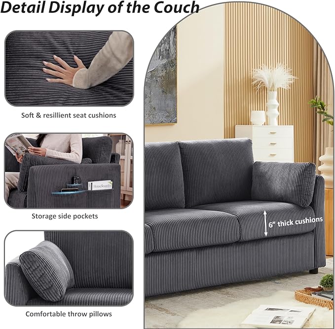 Living Room Sofa Set, Corduroy 3-Seat Couch with Set of 2 Accent Side Chairs, Soft Pillows and Side Pockets, Modern Living Room Furniture Sets for Apartment, Small Spaces, Grey