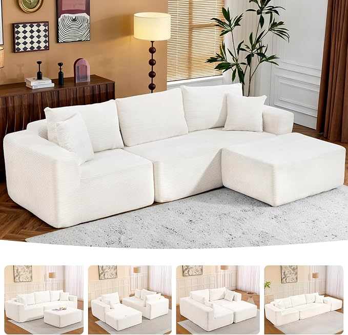 2025 New 108" Cloud Couch Sectional, Modular Sectional Sofa with L-Shaped Chaise, Deep Seat Sectional Modular Couch for Living Room, No Assembly Required (Beige, Chaise Ottoman)