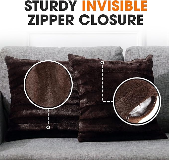 Cheer Collection Faux Fur Throw Pillows - Decorative Pillows for Couch, Bed Throw Pillows, Chocolate Accent Pillows for Bedroom or Living Room Aesthetic, Set of 2 Furry Throw Pillows, 22" x 22"