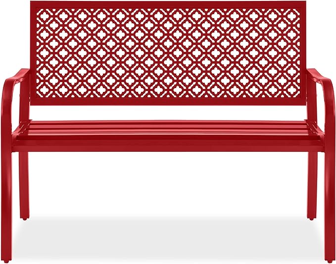 Best Choice Products Outdoor Bench 2-Person Metal Steel Benches Furniture for Garden, Patio, Porch, Entryway w/Geometric Backrest, 790lb Capacity - Rose Red