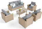 Patio Furniture Set 6 pcs, Wicker Rattan Outdoor Furniture with 5.5” Thick Cushions, 3-Seat Sofa, 4 Chairs and Coffee Table, Outdoor Conversation Set for Garden Backyard Deck, 7 Seats Grey