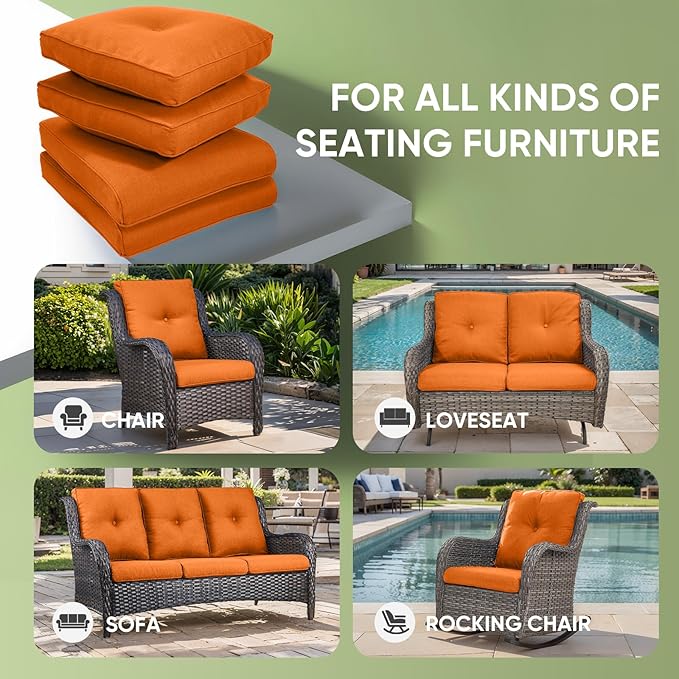 Outdoor Chair Cushion Set, 25 x 22 Deep Seat Cushion, Patio Chair Cushions for Outdoor, Include 1 Seat Cushion and 1 Back Cushion, Orange