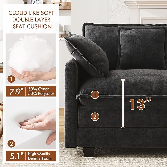 WorthFurni 111.4” Cloud Couch, Modular Sectional Sofa, Comfy Modern 3-Seater Couches with Pillows & Upholstered Deep Seat Cushion for Living Room Apartment Bedroom (Black)
