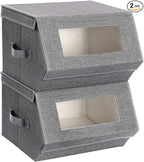 SONGMICS Stackable Storage Bins Set of 2, Storage Boxes with Lids and Front Windows, Non-Woven Fabric Closet Organizers with Magnetic Closures, Side Handles, Dark Gray URPLB02G