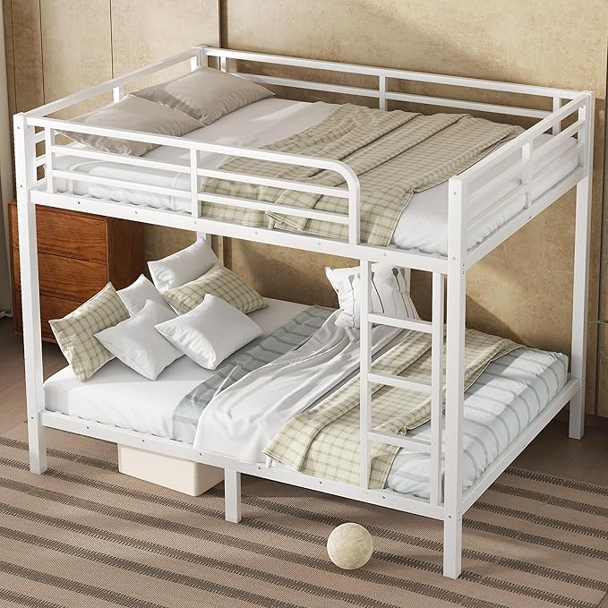 Bellemave Full Over Full Bunk Bed for Adults, Full Size Bunk Beds Frame with Build in Ladder and Full Length Guardrail, Easy Assemble Bunkbeds, Noise Reduced, Mattress Not Included, White