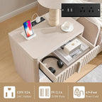 Fluted Nightstand with Charging Station, 23.6" End Table with Open Shelf and Drawers Storage, Bedside Table with Solid Wood Handle, Curved Profile Design, Night Stand for Bedroom