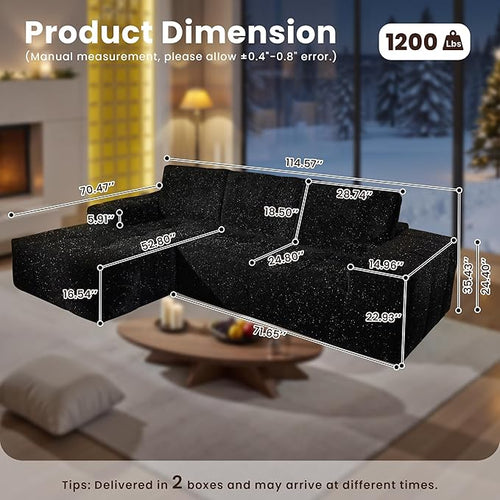 114" Glitter Cloud Sectional Couch with L-Shape Chaise, Modern Boneless Couches for Living Room, Fluffy Tufted Deep Seat Modular Sofa in a Box No Assembly
