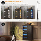 5 Drawers Dresser for Bedroom w/Sliding Barn Door, Farmhouse Wood Dresser with LED Lights, Chest of Drawers Tall Dressers for Bedroom, Living Room, Hallway, Kids Room, Brown