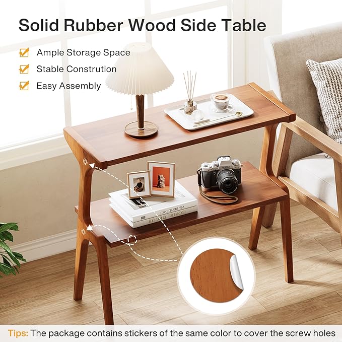 Tribesigns Wood Side Table, 2-Tier Modern Tall End Table with Storage Shelves, Slim Couch Side Table for Living Room, Narrow Bedside Table, Nightstands for Bedroom, Cherry