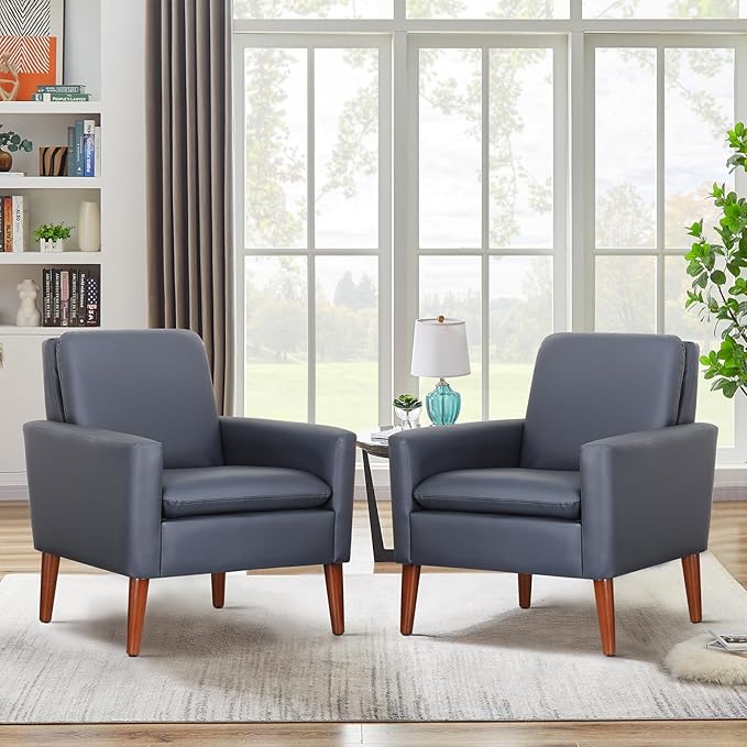 Lohoms Faux Leather Accent Chair for Living Room, Mid-Century Modern Comfy Reading Leisure Chairs for Bedroom, Upholstered Armchair for Apartment/Office/Waiting Room, Wood Legs, Dark Blue