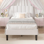 VECELO Twin Size Bed Frame with Upholstered Headboard, Velvet Platform Bedframe Mattress Foundation, Strong Wood Slat Support, No Box Spring Needed,White